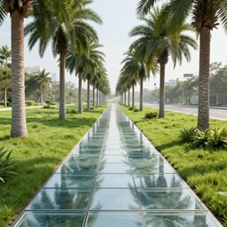 sidewalk made of glass, palm trees, by professional photographer, 8 k resolution, photo, high quality, unreal engine, 3 d