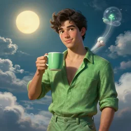 portrait of a ( ( ( una taza de cafe grande y verde ) ) ), ( ( guapo joven caliente espanol estatua con camisa abierta ) ), nubes y magia, el sol, concept character, by greg rutowski and tezuka and oi and mucha and bierstadt and remington, trending on artstation