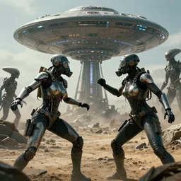 big budget scifi movie set in postapocalyptic world with ufo, aliens and with female cyborg in rubber and gas mask fighting with each other