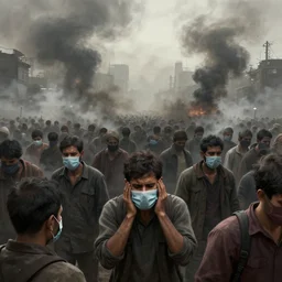 detailed digital painting of man kind suffering due to high air pollution in future, people are wearing masks, wide angle shot, octane render, very hyper realistic, highly detailed