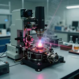 high tech optical instruments fixed on a large lab table, extremely detailed, laser beams diffracted, smoke in few places, fusion reaction, few colors, scientific laboratory experiments, photoreal, new equipment, analog nikon photo, dust particles in the air, blurred background