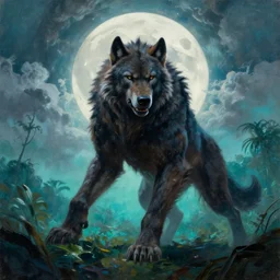 by frazetta ,close up of oversized werewolf , action pose , in front of the moon , full body backlight ,top light ,full body portrait ,highly textured oil painting ,jungle ,cyan graveyard ,foggy background ,with  dramatic sky ,clouds and giant oversized moon and storm