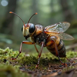 closeup photo of human partially mutating into an anthropomorphic insect, in the forest. physiological transformation ; hybrid creature. highly - detailed ; photorealistic.