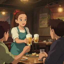 a wholesome animation key shot of ariana grande as a waitress handing a glass of beer to customer keanu reeves in a restaurant, studio ghibli, pixar and disney animation, sharp, rendered in unreal engine 5, anime key art by greg rutkowski, bloom, dramatic lighting