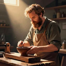 bearded man turns bowl using woodlathe, vector art