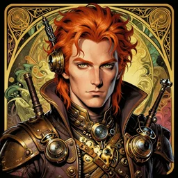 a detailed portrait illustration of a steampunk tech - sorcerer. beautiful male face, ginger. art nouveau, pop art, comic book style. influenced by neil gaiman, h. p. lovecraft, dan mumford, brian froud, heade, killian eng, ross tran.