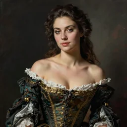 painted realist portrait of a beautiful glamour model wearing 1 7 th century french off - the - shoulder neckline bodice with low neckline, pinterest