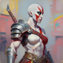 greg manchess portrait painting of partially armored female kratos as overwatch character, medium shot, asymmetrical, profile picture, organic painting, sunny day, matte painting, bold shapes, hard edges, street art, trending on artstation, by huang guangjian, gil elvgren, ruan jia, greg rutkowski, gaston bussiere