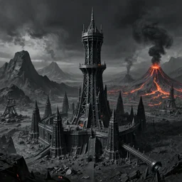 Giant black steel tower fortress in a black sharp stone wasteland, black steel buildings, black smoke, black mountains, warforges, volcanos, lava,  a fantasy digital painting by Greg Rutkowski and James Gurney, trending on Artstation, highly detailed