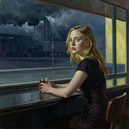 Elle Fanning alone at a bar in the world of Edward Hopper, stormy weather, extremely detailed masterpiece, oil on canvas, low-key neon lighting, artstation, Blade Runner 2049, Roger Deakin’s cinematography, by J. C. Leyendecker and Peter Paul Rubens,