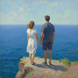 a man and woman holding hands while standing on the edge of a cliff, over - looking the ocean. palette knife oil painting on canvas by leonid afremov.
