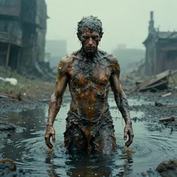 the forgotten man, made of oil, water caustics, film still from the movie directed by denis villeneuve and david cronenberg with art direction by bernie wrightson and h. r. giger