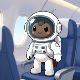 an ant wearing an astronaut helmet on an airplane in the style of a cartoon