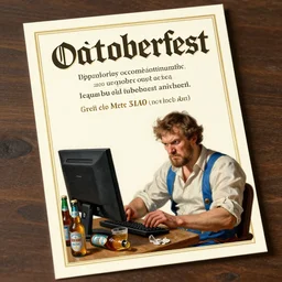 large octoberfest invite card, man sitting in front of his computer, angry, beer bottles, drunk, photoshoot, 4 k, hyper realistic, natural, highly detailed, digital illustration, trending in artstation, classical painting, smooth, sharp focus art by ilya repin