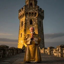 An old catholic priest kneeled in passionate prayer at the summit of a tall medieval tower. His face is bathed in ominous yellow light. He is looking straight at the camera right above him. 4K photograph