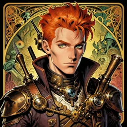 a detailed portrait illustration of a steampunk tech - sorcerer. handsome intersex face, ginger. art nouveau, pop art, comic book style. influenced by neil gaiman, h. p. lovecraft, dan mumford, brian froud, heade, killian eng, ross tran.