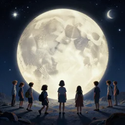 Un ensemble d'enfants La galaxie s'étend Jardin de l'imagination Combler la lacune Voler face à la lune Vois comme nous évoluons, 8k quality, award winning photo