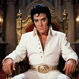sharp, detailed, color film of elvis sitting on his throne in his castle, atmospheric lighting, in focus, blue reflective eyes, 3 5 mm macro lens, live action, nice composition, hyper real, photorealistic