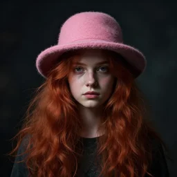 one person only, realistic, portrait, centered, dramatic, fantasy, render of a redhead young girl, with a pink wool street hat on her head, by wlop, artgerm, greg rutkowski, alphonse mucha, beautiful dynamic, dramatic, dark, moody lighting, shadows, cinematic atmosphere, artstation, concept design art, octane render, 8 k