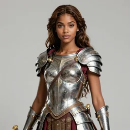 a young bettie page as an amazon warrior, tall and beautiful with brown skin and long hair, dressed in hellenistic body armor, intricate, elegant, highly detailed, smooth, sharp focus, detailed face, art by ardian syaf