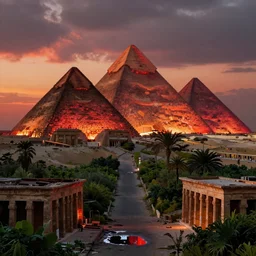 brutalist egypt pyramids with red and orange glow, by Le Corbusier, abandoned temples, empty streetscapes, surrounded by lush green vegetation, ground-level view, puddles of water, stunning volumetric lighting, sunset, trending on Artstation, 8k, photorealistic, hyper detailed, unreal engine 5, cinematic, epic lighting, cryengine, octane render, cyberpunk,, dark, gloomy