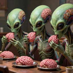 aliens brainsuckers in restaurant eating brains, perfect face, fine details, colorful patterns, studio lighting, subtle shadows, art by katsuya terada, photorealism, hyper realism, octane render, hyper detailed, canon eos r 3, f / 1. 4, iso 2 0 0, 1 / 1 6 0 s, medium shot, 8 k, raw, unedited, in - frame,