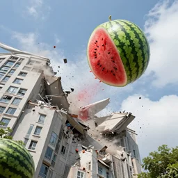 an big watermelon falling from the sky crush the high building cause big destruction