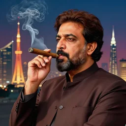 ⁠portrait of Imran Khan Smoking a cigar , Karachi skyline background, rich vivid colors, ambient lighting, dynamic lighting, 4k, HQ, official media, anime key visual, makoto shinkai, ilya kuvshinov, lois van baarle, rossdraws, detailed, trending on artstation