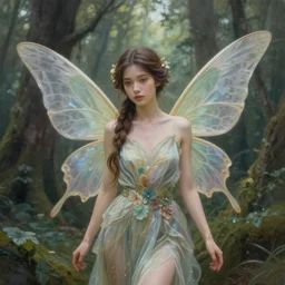 beautiful forest fairy in a scenic woods, sweet, graceful wings muted colors, sharp focus, high fantasy art, fairy aesthetics, intricate, elegant, highly detailed, hyperrealistic painting, artstation, concept art, painterly, dreamy, soft illumination, hasselbrad photography, illustration, art by scot howden
