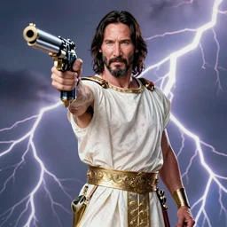 Keanu Reeves, Greek God of Guns and Rock, Lightning and thunder on background, cinematic lighting