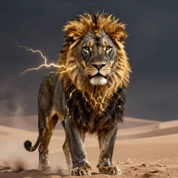 portrait of a black lion with gold lightnings in the fur in the middle of the desert , concept art, huge scale, photorealistic, high details by Nick Nichols