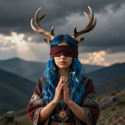 A young female shaman, blue hair and antlers on her head. blindfolded, heilung, in the style of Heather Theurer, made by karol bak