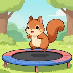 an illustration of a super kawai squirrel bouncing on a trampoline