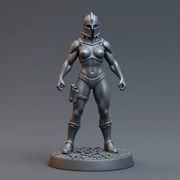80mm resin detailed miniature of a helmeted muscular woman in full-face iron helmet, full body, stomach, navel, boots, Logo, textured disc base; Product Introduction Photos, 4K, view from front