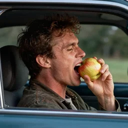 movie still of man with short curly brown hair choking on an apple in a car