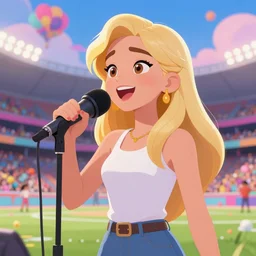 animated blonde girl singing with condenser microphone on a big stadium full of people, psychedelic background