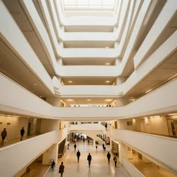 the inside of a very tall building, octane render, warm colour scheme, white, cinematic, scenery, high detail, high quality, close up angle, people walking