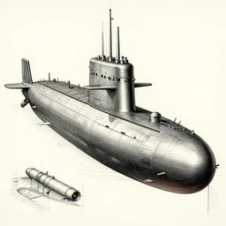 technical drawing, illustration of submarine, sci - fi, vintage, high detail, scheme, submarine, torpedo, dreadnaught