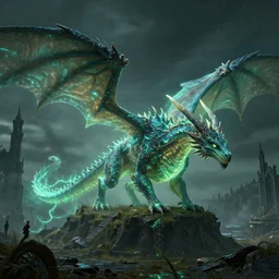 landscape portrait of a glowwave dragon on a gothic omnius lands from elden ring, au naturel, hyper detailed, digital art, trending in artstation, cinematic lighting, studio quality, smooth render, unreal engine 5 rendered, octane rendered, art style by pixar dreamworks warner bros disney riot games and overwatch.