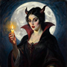 a renaissance oil painting portrait by alma tadema of demonic vampire evil woman by full moon holding lit dark candles, candlelight, colourful pastel, detailed academic bouguereau, high shadow, strong contrast, medium shot, sharp focus