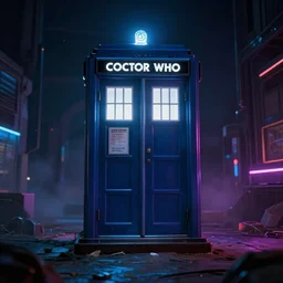 neon palette, doctor who stepping out of the tardis ridley scott universe, mysterious, ultrarealistic, cinematic lighting, 4k, wide angle, trending on artstation, beksinski