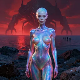 iridescent, portrait, neon body, rocky lake shore, alien woman, a otherwordly huge monster is appraching from the horizon, glowing red, by edgar maxence and ross tran, zdzisław beksinski, and michael whelan, distant, gustav dore, h. r. giger, 8 k, octane render