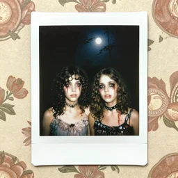 an instant photo of beautiful but creepy, doorstep siblings in layers of fear, with haunted eyes and curly hair, wearing a vivienne westwood choker, 1 9 7 0 s, seventies, wallpaper, woodland, a little blood, moonlight showing injuries, delicate embellishments, painterly, offset printing technique, by mary jane ansell