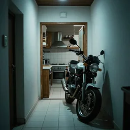 a huge motorbike standing in the corridor to a tiny kitchen, in the dark, white tile on the floor, by paolo pellegrin, prize winning photo, cinematic
