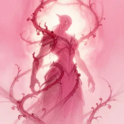 pink on red dead vines and human hybrid, sketch illustration, soft glow, dappled light, disney concept art, backlit, intricate, indie studio, fantasy, rim lighting, pastel shades, powerful, emotional, powerful, epic composition, noise, texture, rule of thirds,