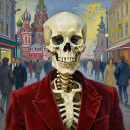 realistic detailed closeup portrait painting of a single skeleton wearing red velvet blazer in a crowded futuristic moscow street by Jean Delville, Amano, Yves Tanguy, Alphonse Mucha, Ernst Haeckel, Ilya Repin, Edward Robert Hughes, Andrei Tarkovsky, Roger Dean, rich moody colours, blue eyes