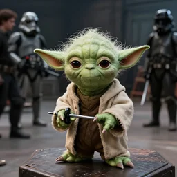 A photograph of Yoda taking a break behind the scenes on the set of Star Wars.