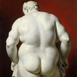 a beautiful painting of back of white fat human stone statue, close - up, oil paint, classic art, 1 6 century style, volume light, in the style of beksinski, parts by edward hopper, parts by rodcenko, parts by yue minjun, diego velazquez, intricate and epic composition, red by caravaggio, insanely quality, highly detailed,