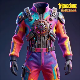 photo of a furturistic jump suit, band merchandise, bandname is tripmachine, tourname is invasion of the tripmachines, realistic digital art, jump suit is textured with a 3 d render of a huge futuristic steampunk generator, 8 k, fluorescent colors, halluzinogenic, multicolored, exaggerated detailed, unreal engine