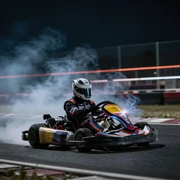 go - kart racer taking a corner at speed on a race track, motion blur, laser, smoke, debris, fast movement, artistic angle, light streaks, dark mood, night time